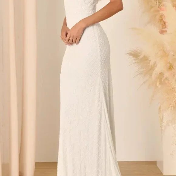 Lulus Cherished Vow White Beaded Backless Mermaid Maxi Dress - Size M - Picture 4 of 8